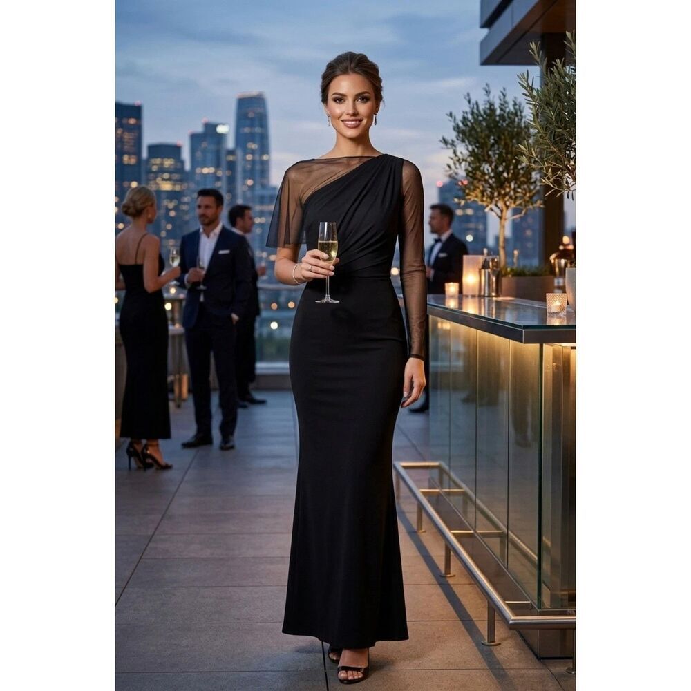 New Marcella NYC Womens Medium Black Valeria One Shoulder Mesh Ponte Maxi Gown D